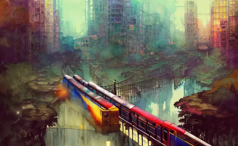 Image similar to an urban train rides inside of a waterway on a fantasy city. intricate, amazing composition, colorful watercolor, by ruan jia, by maxfield parrish, by marc simonetti, by hikari shimoda, by robert hubert, by zhang kechun, illustration, gloomy