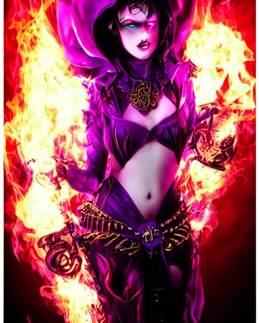 Image similar to pyromancer devil girl cover in purple death flames, deep pyro colors, purple laser lighting, award winning photograph, radiant flares, intricate, various refining methods, micro macro autofocus, evil realm magic painting vibes