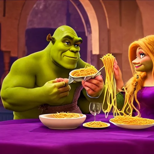 Prompt: Shrek and Thanos eating spaghetti at a fancy Italian restaurant, romantic candlelit dinner