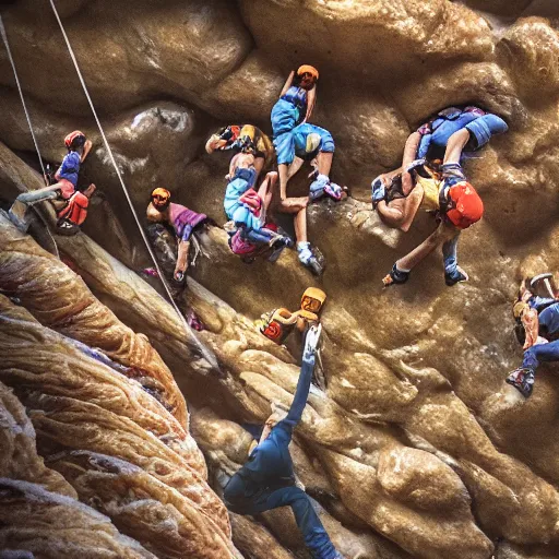 Prompt: tilt-shift photography of a group of climbers scaling a croissant, 8k, highly realistic, render