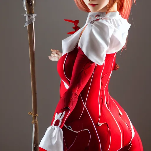 Image similar to very detailed photo of European anime cosplayer girl wearing white and red dress, studio photo, anatomically correct, pretty face, fine-face, smooth, sharp focus, UHD, 8k