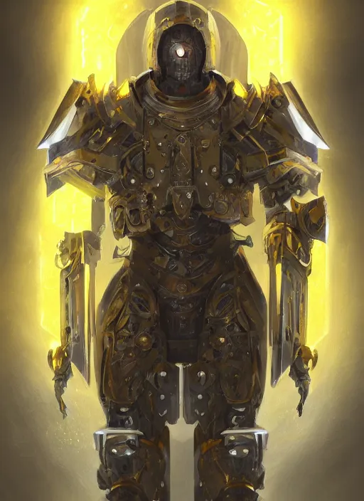 Prompt: dynamic abstract portrait of a intricate glorious holy mechanical warforged character in yellow armor holding a paladin engraved great longsword drawn and carrying a big paladin shield, beam glowing eye , epic , trending on ArtStation, masterpiece, cinematic lighting, by Ross Tran and by Greg Rutkowski