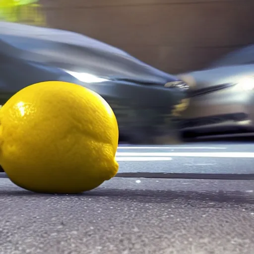 Image similar to A lemon getting run over by a car, Dramatic camera shot, Realistic, Unreal engine 5,