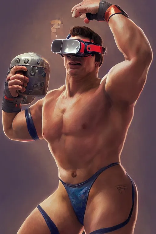 Prompt: painting of a wrestler character wearing vr goggles, shrugging arms, ultra realistic, sharp details, subsurface scattering, intricate details, warm lighting, beautiful features, highly detailed, photorealistic, octane render, 8 k, unreal engine, art by artgerm and greg rutkowski and alphonse mucha