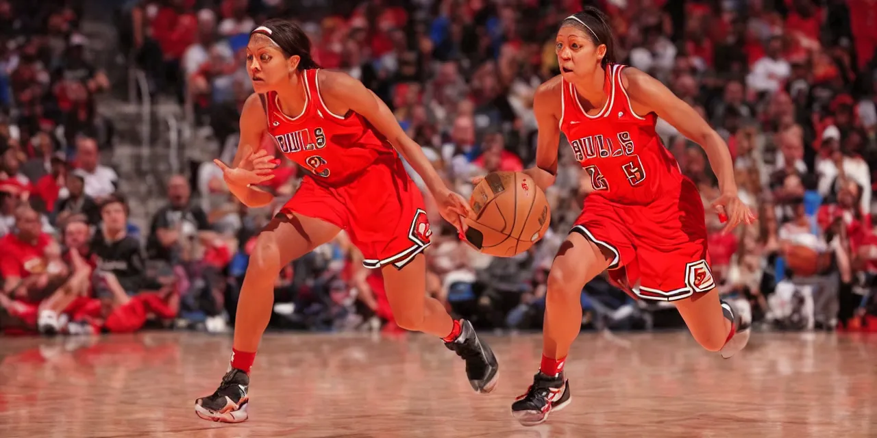 Image similar to candace parker in bulls jersey, high contrast, high saturation cinematic film still