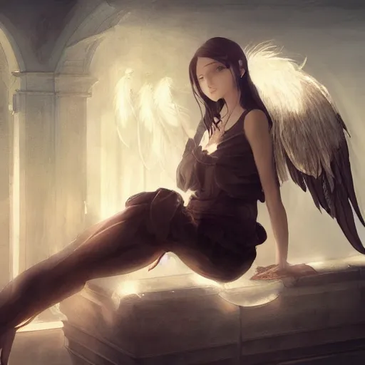 Image similar to a painting of a woman sitting on a ledge with wings, concept art by shingei, cgsociety contest winner, fantasy art, reimagined by industrial light and magic, angelic photograph, made of feathers