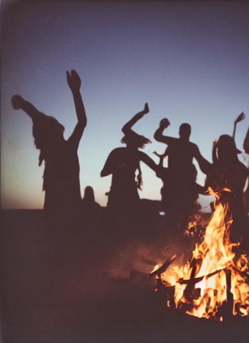 Prompt: photograph of people dancing around a bonfire on the beach, flash polaroid, golden hour