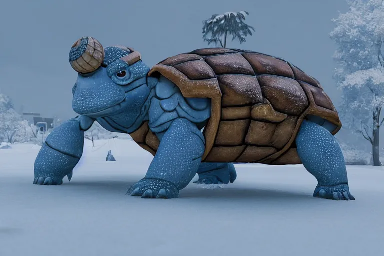 Prompt: highly realistic 3 d rendering of blastoise covered in snow and ice, unreal engine 5, volumetric lighting