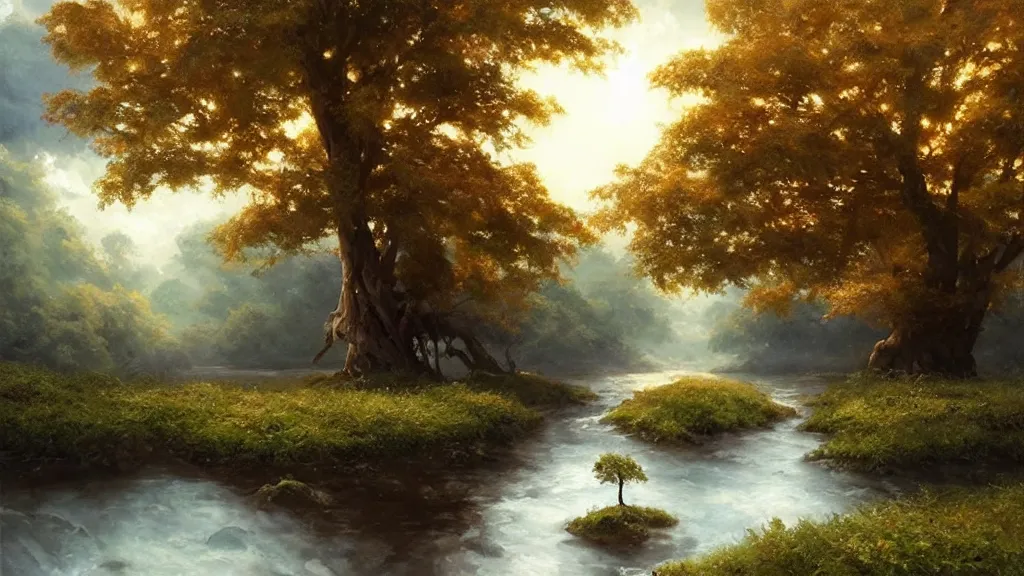 Image similar to very realistic oil painting of a single cloud tree with lots of cloud shaped leaves, A beautiful, highly detailed, masterpiece, next to a small crystal clear river, oil painting by Greg Rutkowski.