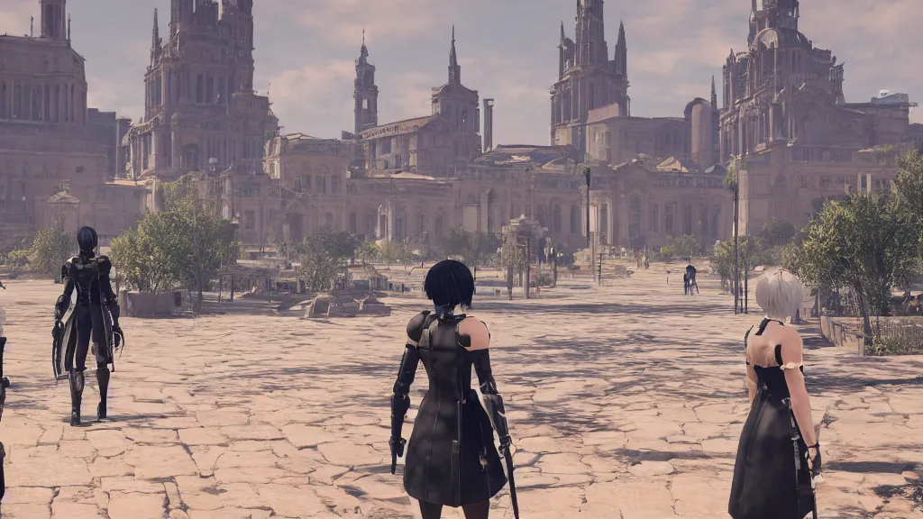 Image similar to Screenshot from Nier Automata in Marseille. In the background there is the basilica Our Lady of the Guard