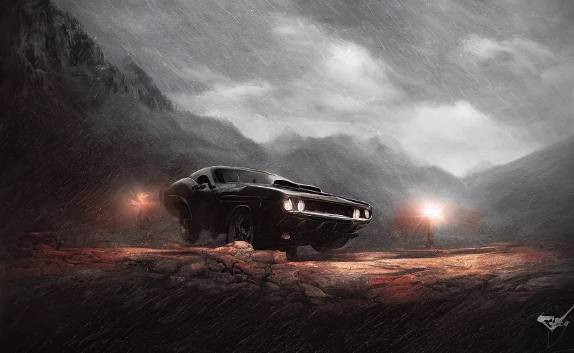 Image similar to a challenger 2 black night in the mountain at night by Paul Chadeisson, blue headlights, dark image, stormy weather, landscape, military outpost, spotlights, atmospheric, artstation, concept art, illustration, sharp focus, high detail, octane render, intimidating