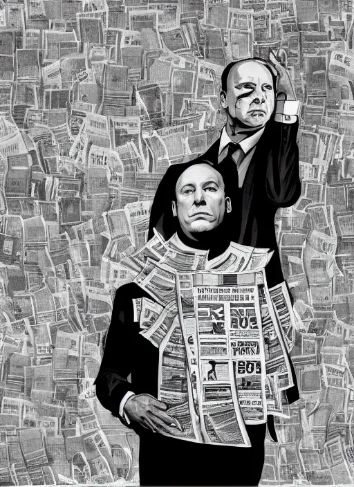 Image similar to sad alex jones surrounded by newspapers in a dark murky room, highdetailed illustration