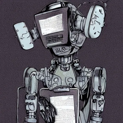 Image similar to a fullmetal wired robot is reading the intimate diary of sophia aeon, by dave mckean