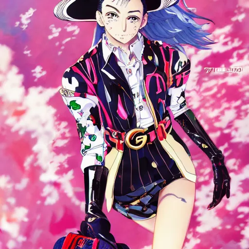 Image similar to Magazine Cover Anime key visual of a Gucci girl; official media; typography; drawn by Hirohiko Araki; Jojo's Bizarre Adventure; Jojolion, portrait, made by Stanley Artgerm Lau, WLOP, Rossdraws, James Jean, Andrei Riabovitchev, Marc Simonetti, Yoshitaka Amano, ArtStation