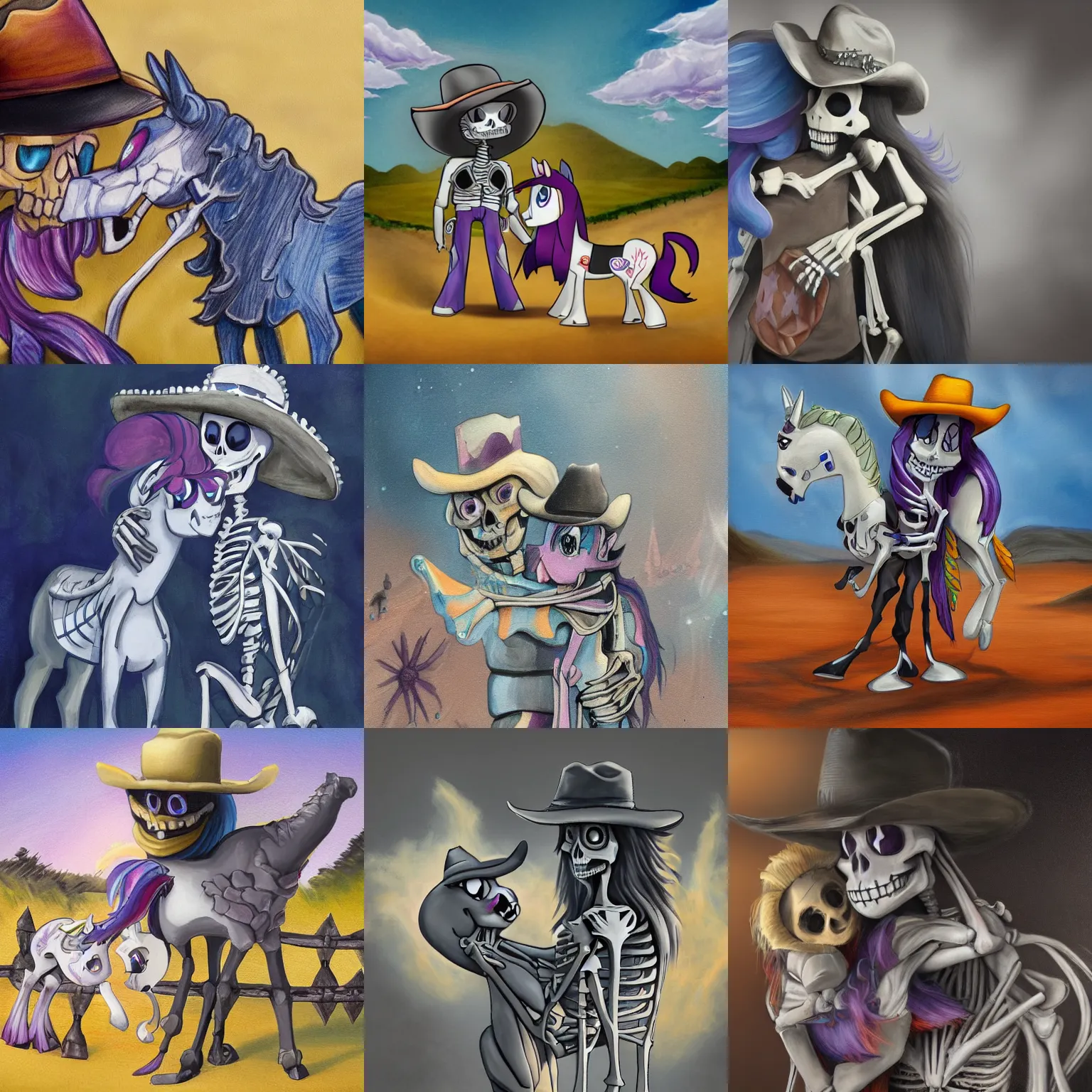 Prompt: a cartoon skeleton in a cowboy hat hugging a pony ( twilight sparkle ) from my little pony. painting. trending. cinematic. epic. highly detailed. 8 k