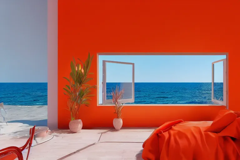 Image similar to a room of a villa with orange walls white floor plants, red piano, a big window with a view of the beach and sea, beautiful cinematic masterpiece very detailed