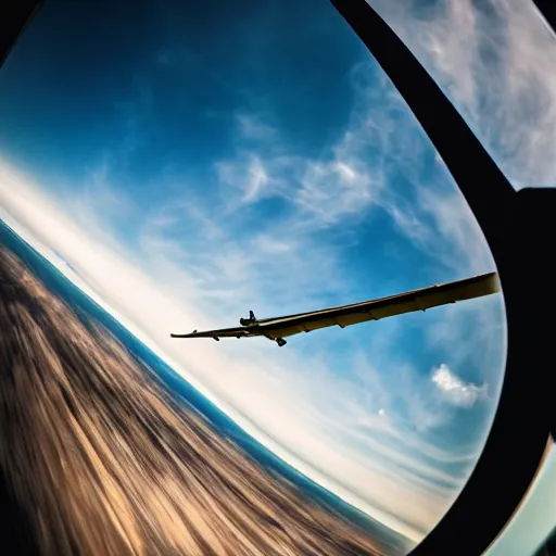 Image similar to pov shot on the back of a flying bird, a plane arriving in front