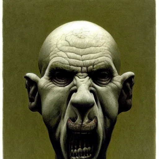 Image similar to lime lively by zdzislaw beksinski. a beautiful performance art of a giant head. the head is bald & has a big nose. the eyes are wide open & have a crazy look. the mouth is open & has sharp teeth. the neck is long & thin.