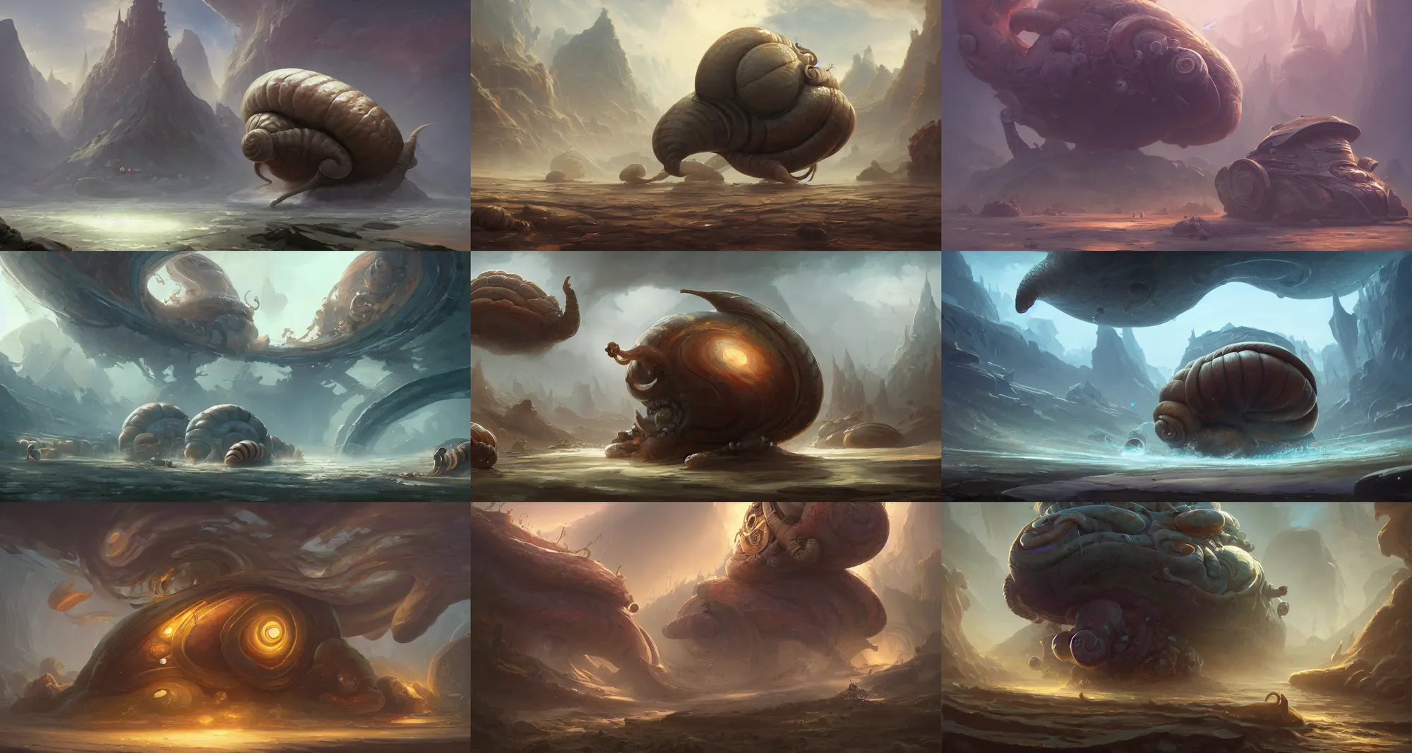 Prompt: the biggest snail in the world, concept art by noah bradley, darek zabrocki, tyler edlin, jordan grimmer, neil blevins, james paick, natasha tan, highly detailed, ultra detailed, ultra realistic, trending on artstation