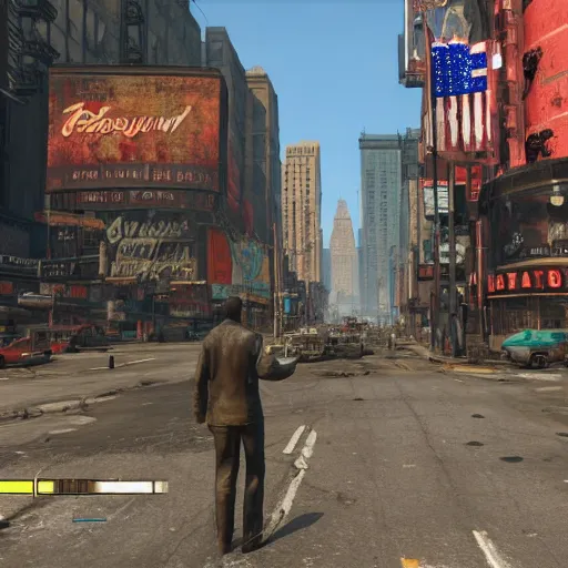 Prompt: broadway, new york city turned into a settlement, post - nuclear war in fallout 4, in game screenshot
