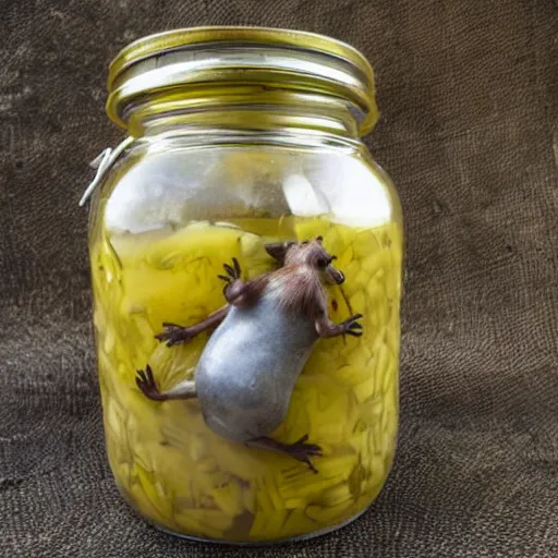 Prompt: a jar with pickled rats