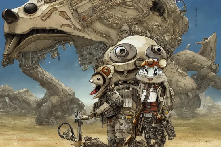 Image similar to anthropomorphic rodent with white and black ancestral ornate japanese tactical gear on an abandonment desert planet, high intricate details, long shot, rule of thirds, golden ratio, graphic novel by fiona staples and dustin nguyen, by beaststars and orange, peter elson, alan bean, studio ghibli, makoto shinkai