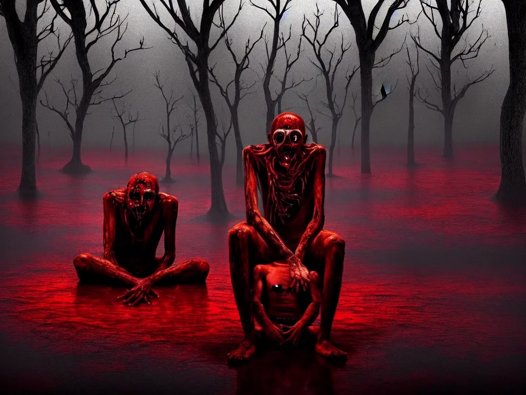 Image similar to a dream of a man with five heads, twelve arms, sitting on chair made of human limbs, the chair is floating in a lake of blood, around the lake are melting trees, the man's limbs are merging with the trees, found on artstation, hyperrealistic nightmare scene, supernatural, highly detailed, creepy, terrifying