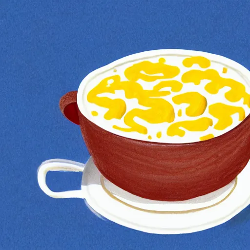 Image similar to a hand drawn illustration of a living box of KD mac and cheese holding a cup of coffee