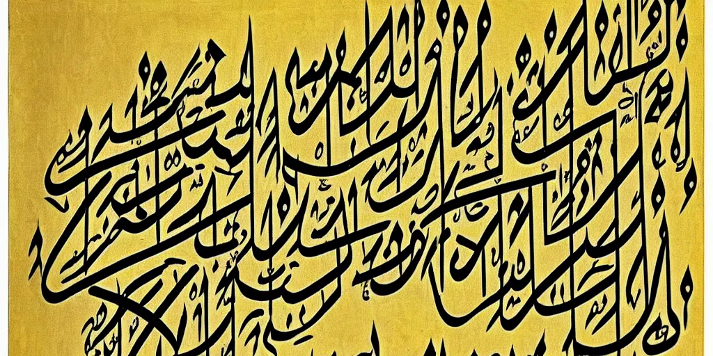 Prompt: a scroll of Arabic calligraphy, black and yellow scheme