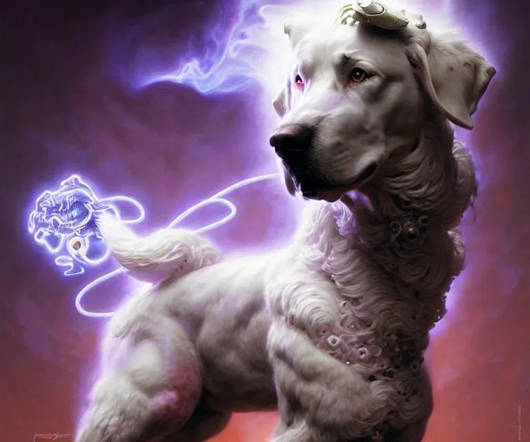 Prompt: beautiful fantasy character portrait of a maremma dog ultra realistic, dramatic lighting, the fifth element artifacts, highly detailed by peter mohrbacher, hajime sorayama, wayne barlowe, boris vallejo, aaron horkey, gaston bussiere, craig mullins