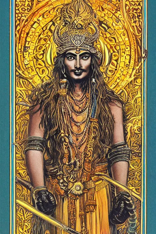 Image similar to Portrait of an shiva with long hair wearing armor with ornate bronze and gold, Art Noveau retro science fiction cover by William Morris and Kelly Freas (1965), vintage 1960 print, tarot card, vivid, highly detailed, cgsociety, artgerm