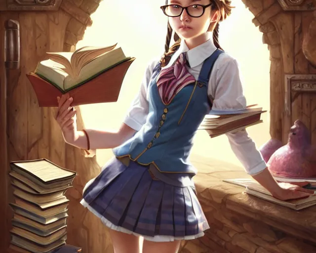 Prompt: a super cute anthropomorphic rabbit schoolgirl in glasses from final fantasy, holding a stack of books, deep focus, d & d, fantasy, intricate, elegant, highly detailed, digital painting, artstation, concept art, matte, sharp focus, illustration, hearthstone, art by artgerm and greg rutkowski and alphonse mucha