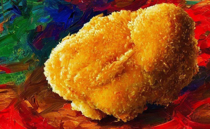 Prompt: chicken nugget, digital painting, expressionistic, intricate detail, meticulous brush strokes, genius composition, masterpiece, work of art, 4k wallpaper