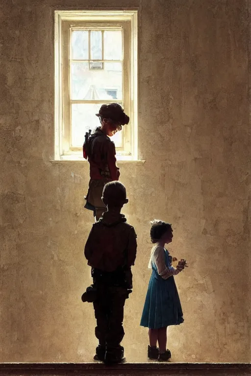 Image similar to a 1 2 year old boy and 3 year old girl looking at a wall full of ghosts, part by norman rockwell, part by greg rutkowski, part by mattias adolfsson, high angle, ( ( ( ( volumetric lighting ) ) ) ), oil on canvas