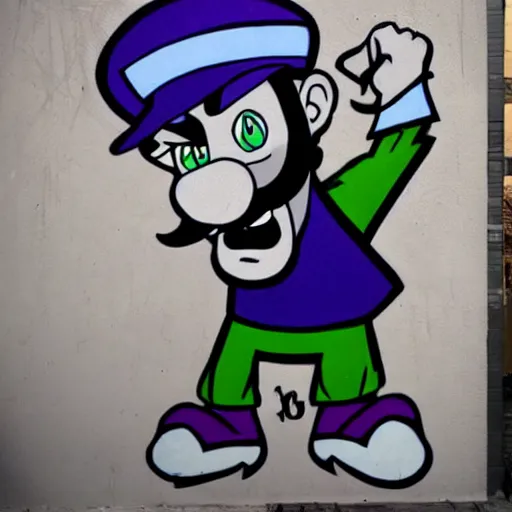 Prompt: waluigi crying, graffiti, photo