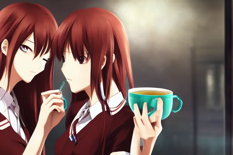 Prompt: Makise Kurisu drinking tea with Hatsune Miku, anime art, detailed, wallpaper, 4k