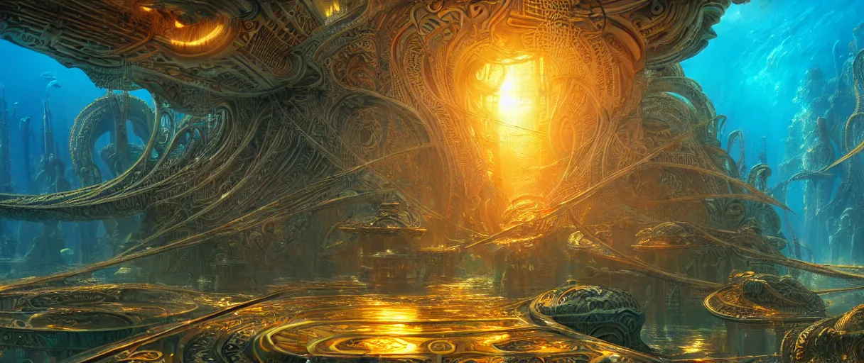 Prompt: hyperrealistic ornate underwater borg city of atlantis on giant orange and yellow cyborg tentacles matte painting concept art alex grey hajime sorayama cinematic soft red lighting low angle hd 8k sharp shallow depth of field