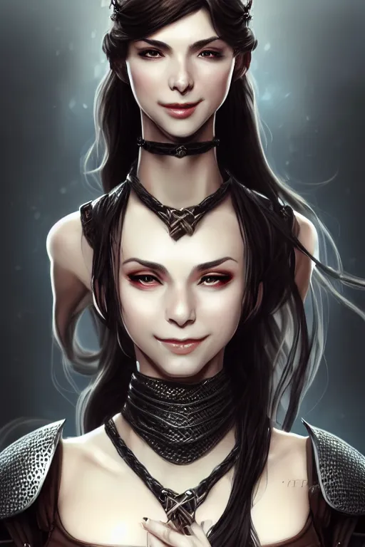 Image similar to Portrait of seductive female fighter, D&D, revealing stylish dress like chainmail and metal plate armor, choker on neck, very long flowing hair, mouth slightly open, cute slightly nerdy smile, fantasy, intricate, elegant, stylish, highly detailed, digital painting, artstation, concept art, smooth, sharp focus, illustration, art by artgerm and greg rutkowski and alphonse mucha