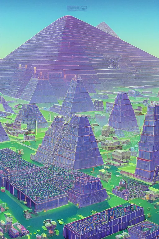 Prompt: giant cyber - punk factory with ancient pyramids and blooming flowers by helen lundeberg