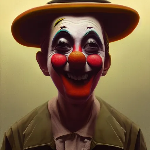 Image similar to a helpless clown in a painting from stalenhag, 4 k, 8 k, hdr, artstation, concept art „