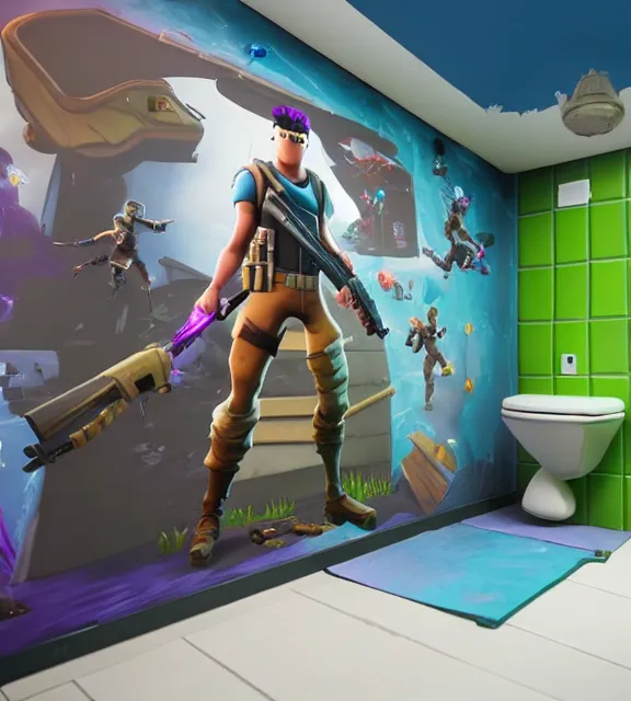 Image similar to a 4 k photorealistic photo of a fortnite themed toilet.