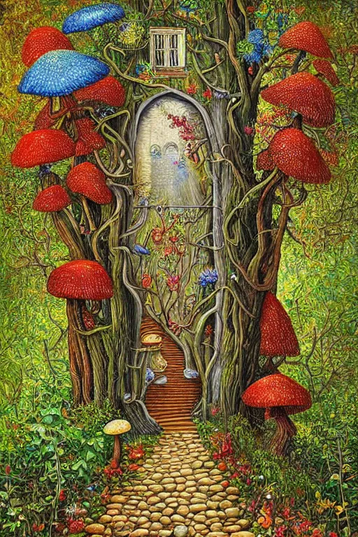 Image similar to digital painting detailed forest tree with door and stairs, magical forest flowers mushrooms painted by Michael Cheval