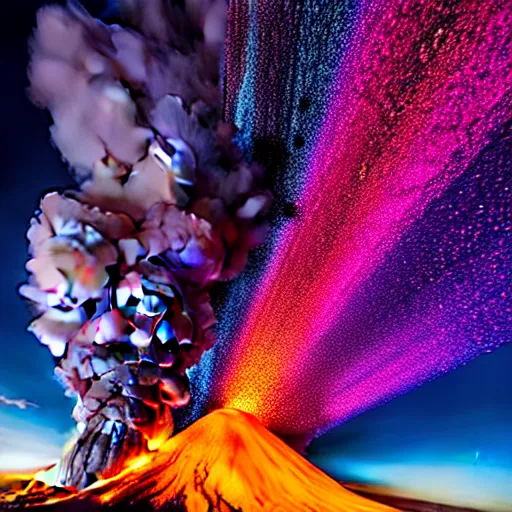 Image similar to colourful cinematic photo of hundreds of zeppelins clustered around an active volcano on an island