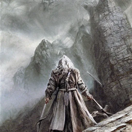 Prompt: beautiful gandalf with a sword in his hand on a bridge fighting an enormous balrog from hell, by alan lee, lord of the rings, smooth, detailed terrain, oil painting, matte painting, concept art, trending on artstation