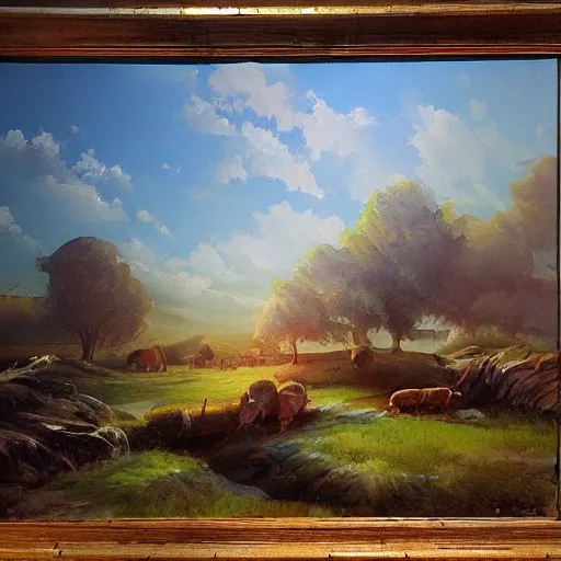 Prompt: an expressive painting of a lively landscape in the country by Ross Tran
