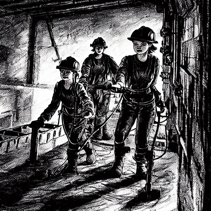 Image similar to sadie sink as a miner pulling a mine cart. in a coal mine. storyboard, scifi cyberpunk. by gabriel hardman, joe alves, chris bonura. cinematic atmosphere, detailed and intricate, perfect anatomy