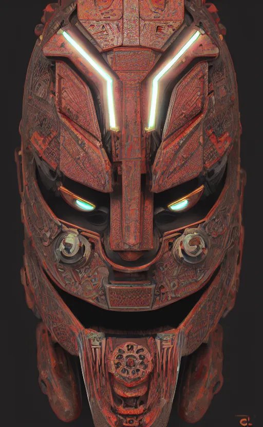 Prompt: cyberpunk tribal mask, robot, japanese pottery, vivid colors, wood, metal, intricate details, trending on cgsociety, concept art, glowing eyes, sharp focus, ultra realistic details, cinematic atmosphere, global illumination, shadows, octane render, 8 k