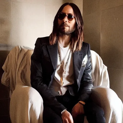 Prompt: jared leto sitting in a bathtub full of oscars after his performance in morbius