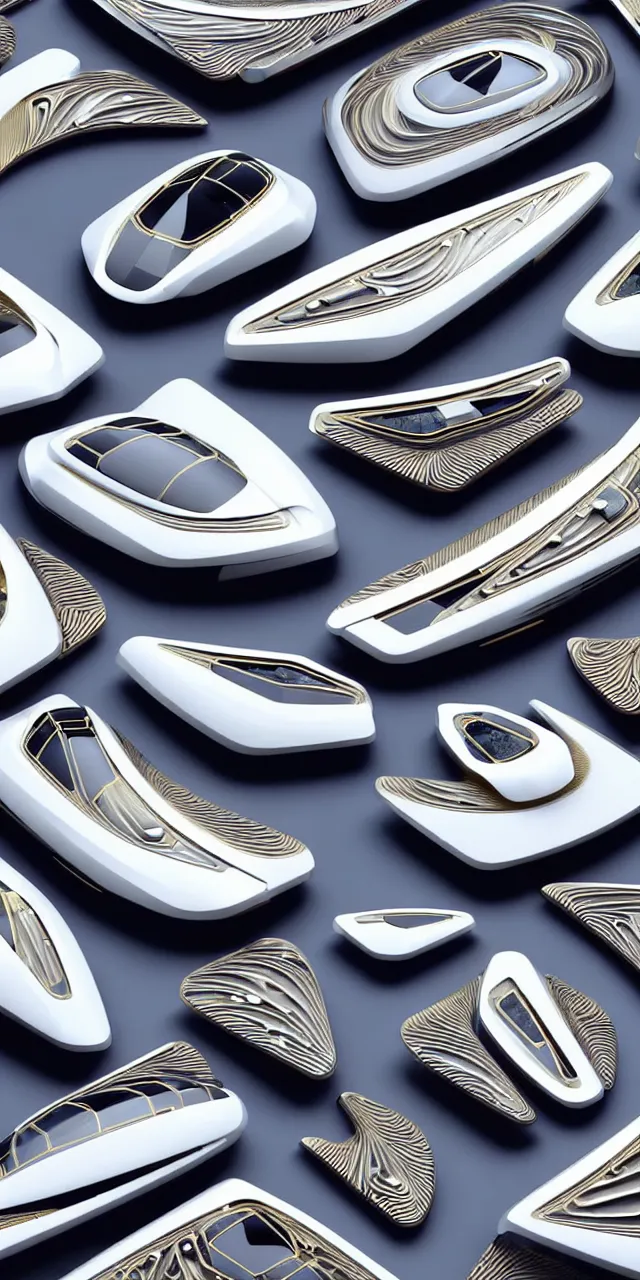 Image similar to A seamless pattern of close-up of 3D futuristic sci-fi white and gold-plated concept cars by zaha hadid, close-up, detail shot, ash thorp khyzyl saleem, karim rashid, 3D, futuristic car, Blade Runner 2049 film, large patterns, Futuristic, Symmetric, Hajime Sorayama, Marc Newson, keyshot product render, plastic ceramic material, shiny gloss water reflections, High Contrast, metallic polished surfaces, seamless pattern, white , grey, black and aqua colors, Octane render in Maya and houdini, vray, ultra high detail ultra realism, unreal engine, 4k in plastic dark tilt shift