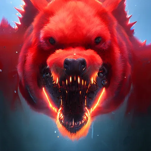 Prompt: realistic portrait of a grox from spore, red furry creature with one robotic eye, pointy ears, dramatic lighting, illustration by greg rutkowski, yoji shinkawa, 4 k, digital art, concept art, trending on artstation